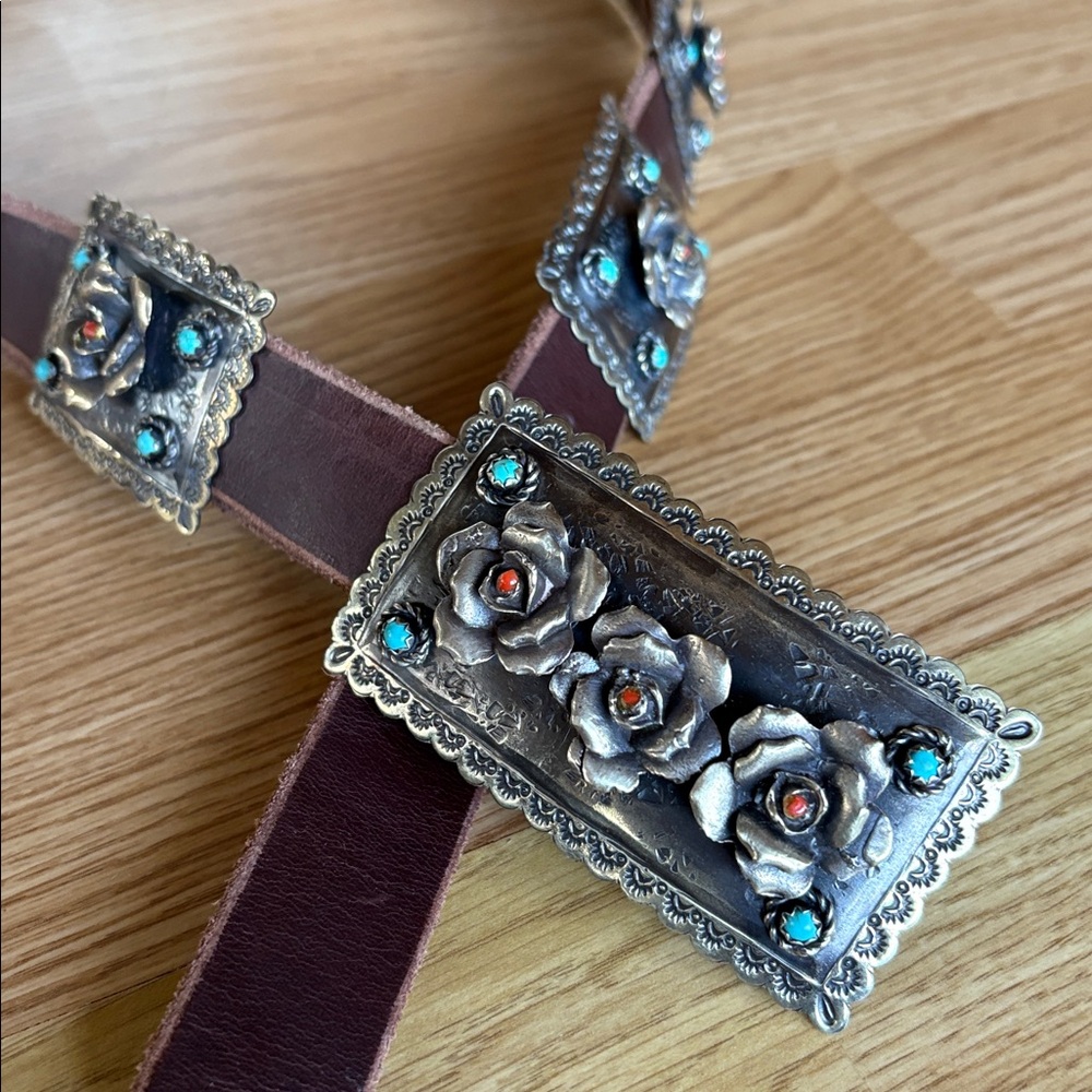 Rodeo Quincy Rosita Brown Leather Belt with Silver Floral Accents Concho belt - Picture 1 of 4